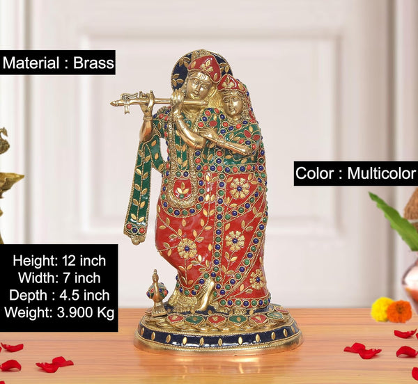 Brass Standing Radha Krishna Idol with Peacock Playing Flute (Height 12 Inch) Entryway Setting