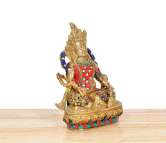 Brass Kuber murti idol, angled view with multicolor inlay on chest and round base