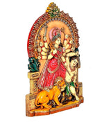 Mahishasura Mardini Durga resin idol, 10-inch angled view with multi-armed pose and lion