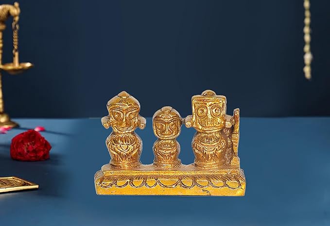 Brass Jagannath Balram Subhadra statue group on base, height 4 cm