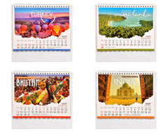 Four country-themed 2027 desk calendar cards: Turkey, Sri Lanka, Bhutan, and India