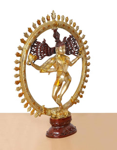 Brass Natraj Lord Shiva idol, full figure with arched halo, maroon pedestal base