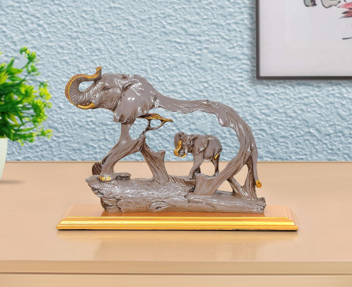 Resin Elephants showpiece with baby, gray finish, 7 in on gold base