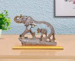 Resin Elephants showpiece with baby, gray finish, 7 in on gold base