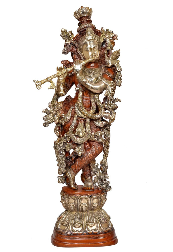 Brass Krishna Big Statue for Mandir (Height 29 inch) Red Entryway Setting