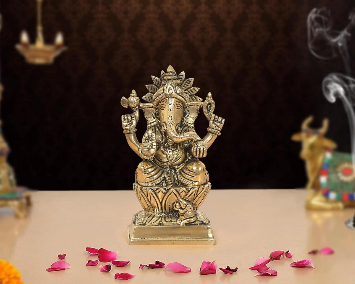 Brass Handcrafted Ganpati Bappa Murti (Height: 5 Inch)