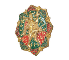 Hanuman JI wall hanging sculpture, gold relief with teal, red, and green painted motifs