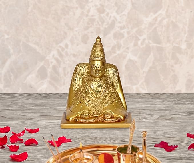 Brass Tulja Bhavani idol statue, seated goddess figure with detailed relief, 7 in