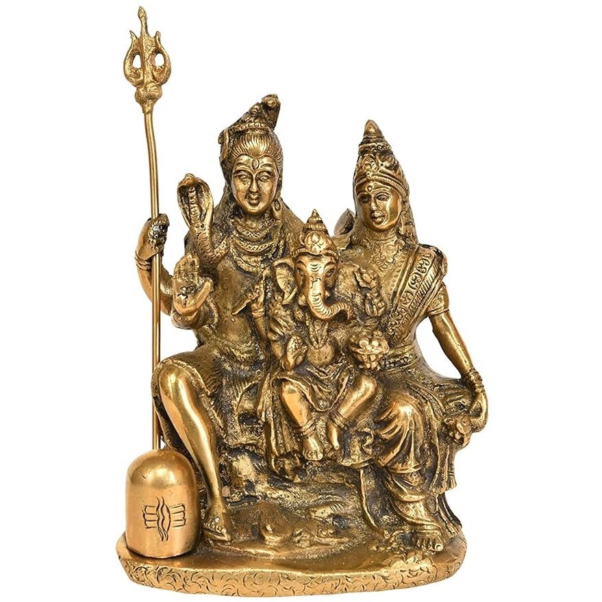 Brass Shiva family figurine, 5.2 inch, seated goddess with child, raised trident