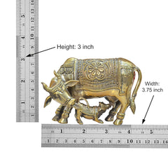 Brass Kamdhenu cow with calf statue, height 3 inch, width 3.75 inch
