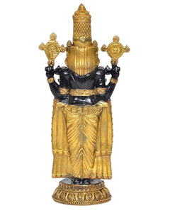 Front view brass Balaji idol statue, tall gold crown and draped gold clothing
