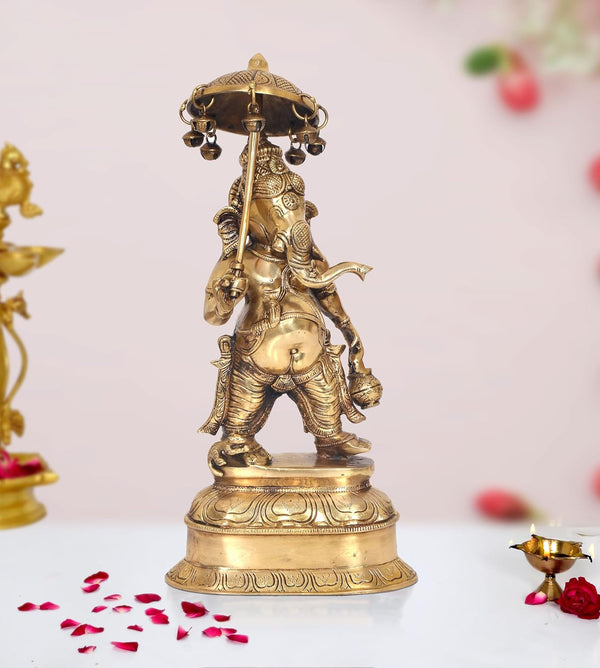 Brass Cute Lord Ganesha Holding Tiny Umbrella Showpiece Home Decor (Height: 15 Inch)