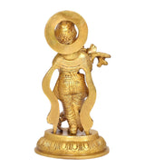 Brass Krishna idol figurine from back/side, flared halo and curved arm with flute