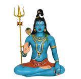 AONA brass Lord Shiva murti, blue seated statue with trident and orange patterned cloth