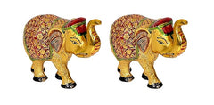 Two gold elephant idol figurines, side profile, red jewel on forehead, 3-inch