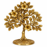 Brass decorative kalpavriksha tree with flower clusters on round pedestal base
