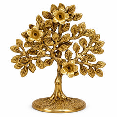 Brass decorative kalpavriksha tree with flower clusters on round pedestal base