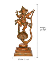 Brass Ganesha dancing on Shesha serpent idol, 27-inch tall with square base