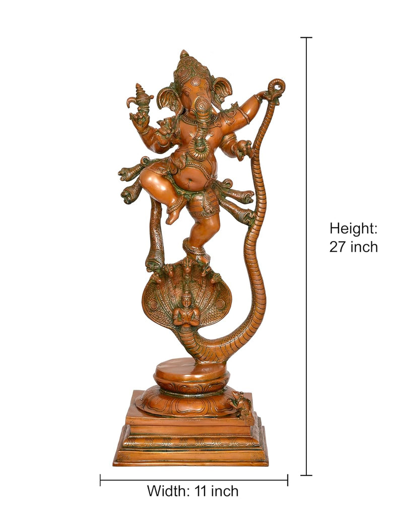 Brass Lord Ganesha Dancing on Serpent Shesha - Hindu Deity Idol for Puja and Gifts (Height 27 Inch)