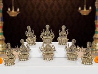 3-inch brass Ashtalakshmi goddess statue set, eight seated figures in lotus poses