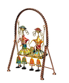 Multicolour musician jhula tabletop showpiece with two figures, arched frame and bells