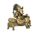 Brass Ganesha statue idol seated, detailed trunk and ornaments, 4 inch mandir decor
