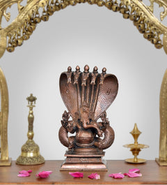 Copper Lord Ganesha with Adishesha snake hood statue, front view, 6 inch height