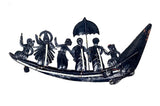 Dark iron vallamkali boat wall decor with umbrella and seated figures, LED details