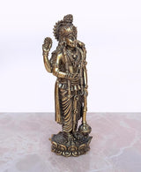 Brass Lord Vishnu idol statue in side view, raised hand gesture, decorated base