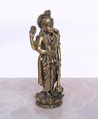 Brass Lord Vishnu idol statue in side view, raised hand gesture, decorated base