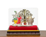 Radha-Krishna decorated box with balti pichkari, figures by ornate golden tree, red base