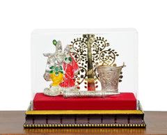 Radha-Krishna decorated box with balti pichkari, figures by ornate golden tree, red base