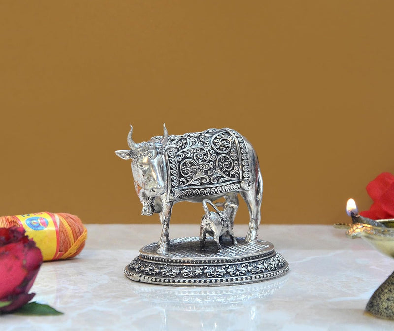 Bronze Cow with Calf for Pooja Mandir Home Decor and Car Dashboard (Height 3 Inch)