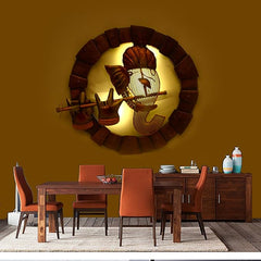 Ganesh con flauta, decoración de pared metálica con luz LED encendida, aro circular.