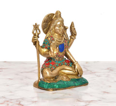 Lord Shiva brass statue with trident and blessing hand, detailed multicolor ornaments