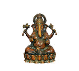 Brass Lord Ganesha idol, front view seated with four arms, decorative halo and crown