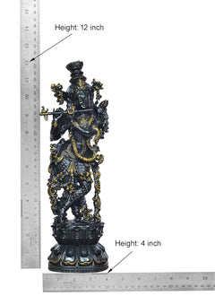Lord Krishna flute figurine, dark brass, height 12 inch shown with ruler
