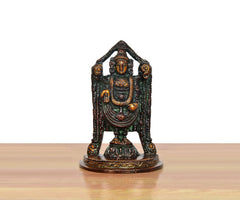 Tirupati Balaji brass idol with ornate arch, multicolored face and draped jewelry
