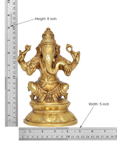 8 inch brass Ganesha statue figurine, seated elephant-headed deity with ornate jewelry