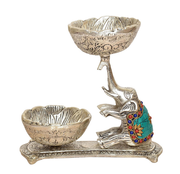 Metal Elephant Dry Fruit Bowl Showpiece Silver Polish Finish for Home Decor Room Table & Gift Diwali,Raksha Bandhan Multicolor (Height 8 Inch)