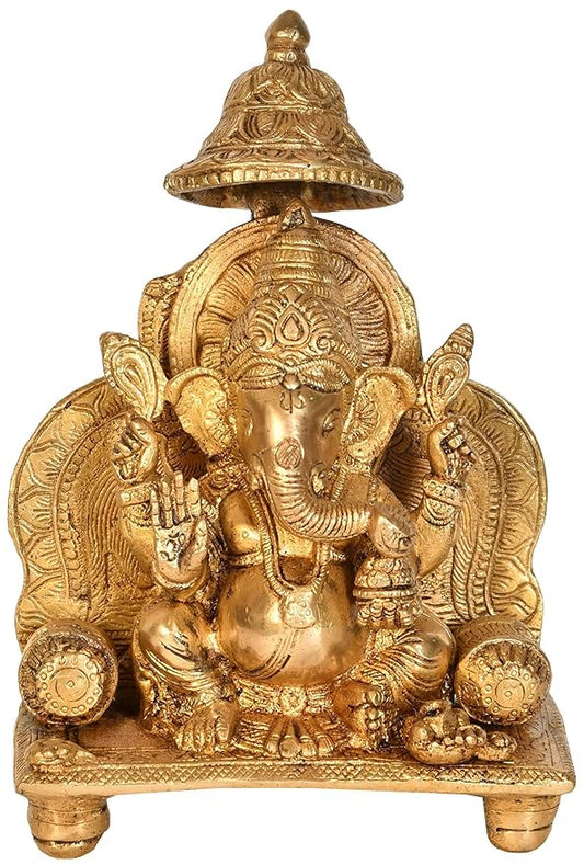 Brass Ganesha on sinhaasan Statue Idol, Height 8.2