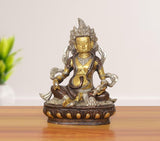 Brass Kuber Bhagwan murti, seated on ornate pedestal, 9 inch height, golden face