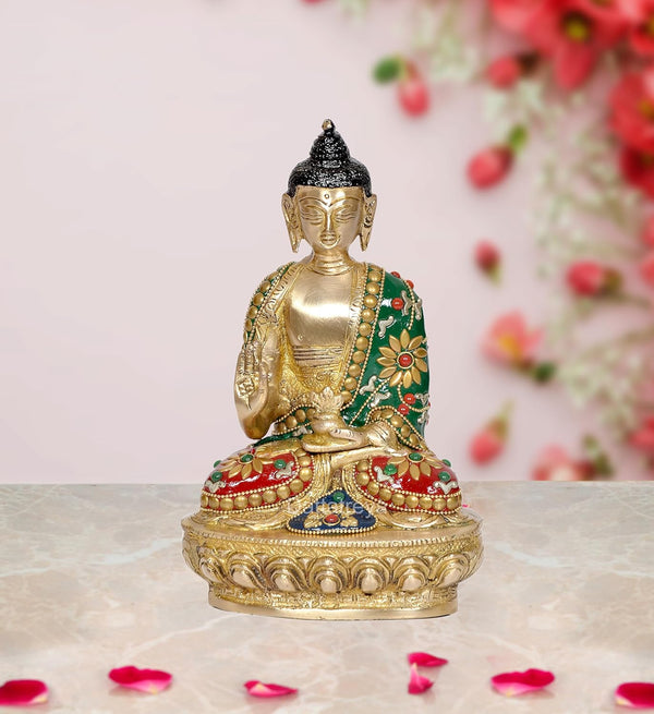 Brass Buddha Statue - Handcrafted Spiritual Decor for Home and Office - Meditating Buddha Idol Multicolor (Height 8 Inch) (Multi ST)