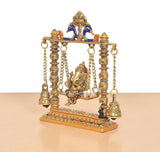 Brass Ganesha swing idol with multicolor Meenakari, side view with hanging chains
