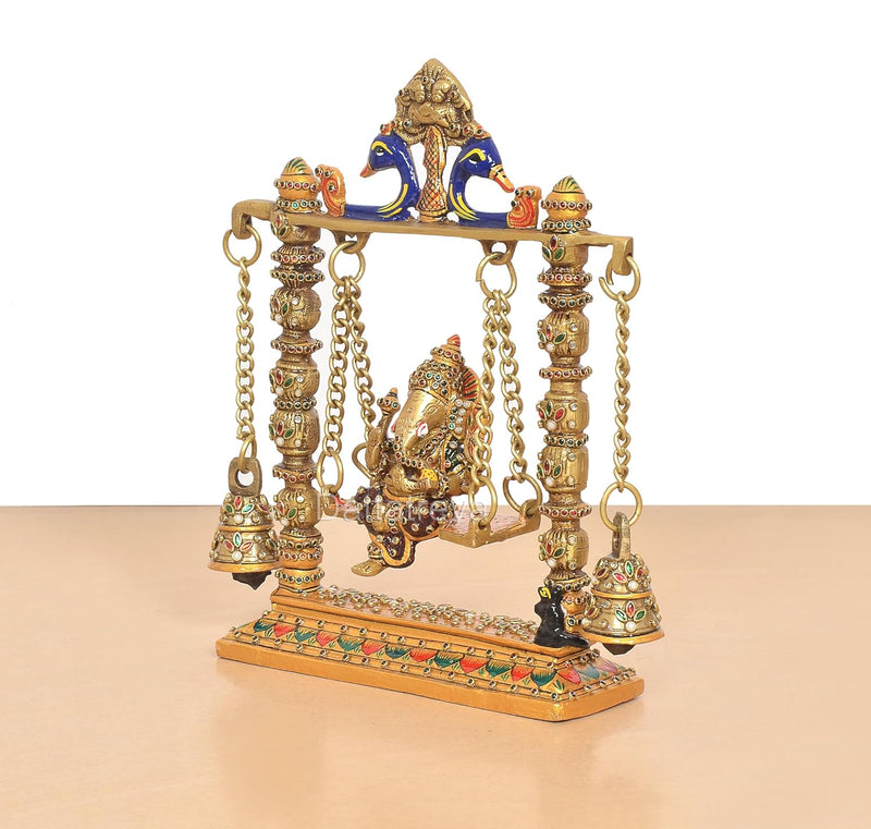Brass Ganesha On Swing with Two Parrot Holding Chain Idol (Height 10 Inch)