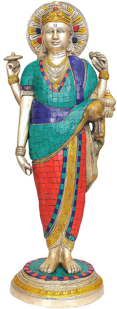 Brass Dhanvantari statue with teal red mosaic robe, four arms, halo; 19 inch