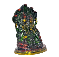 Brass Lakshmi and Vishnu on Sheshnag idol statue, three-quarter angle, multicolor