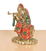 Seitenansicht Radha-Krishna Messingfigur mit Kuh, bunt verzierte Gewänder und Schmuck