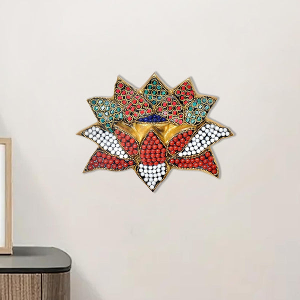 Brass Lotus Flower Wall Hanging |for Home Decor Wall Decor Stone Decorations| (Height 5 Inch) (Multicolor Lotus Flower)