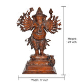 Brass Ganesha statue with 16 hands mudra; height 23 in, width 17 in
